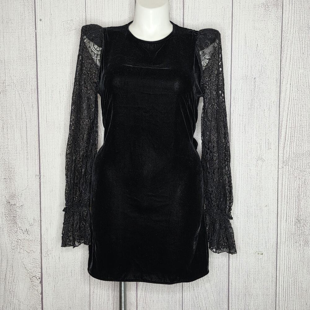 The Vampire's Wife x H&M Black Velvet Lace Sleeve Tie Waist Mini Dress, Large
